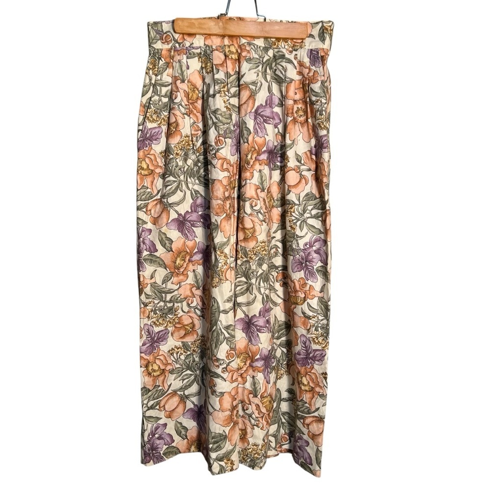 Vintage Norton McNaughton Women's Midi Skirt Beige Purple Pink Floral Pleated